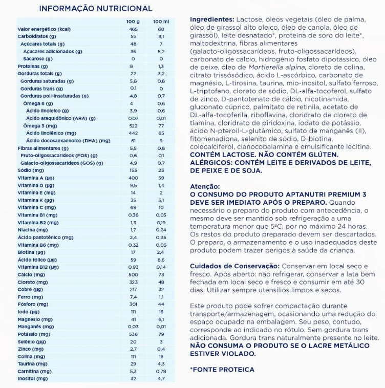 Aptanutri Premium 3 Fórmula Infantil 1 a 3 Anos 800g - Imagem 3
